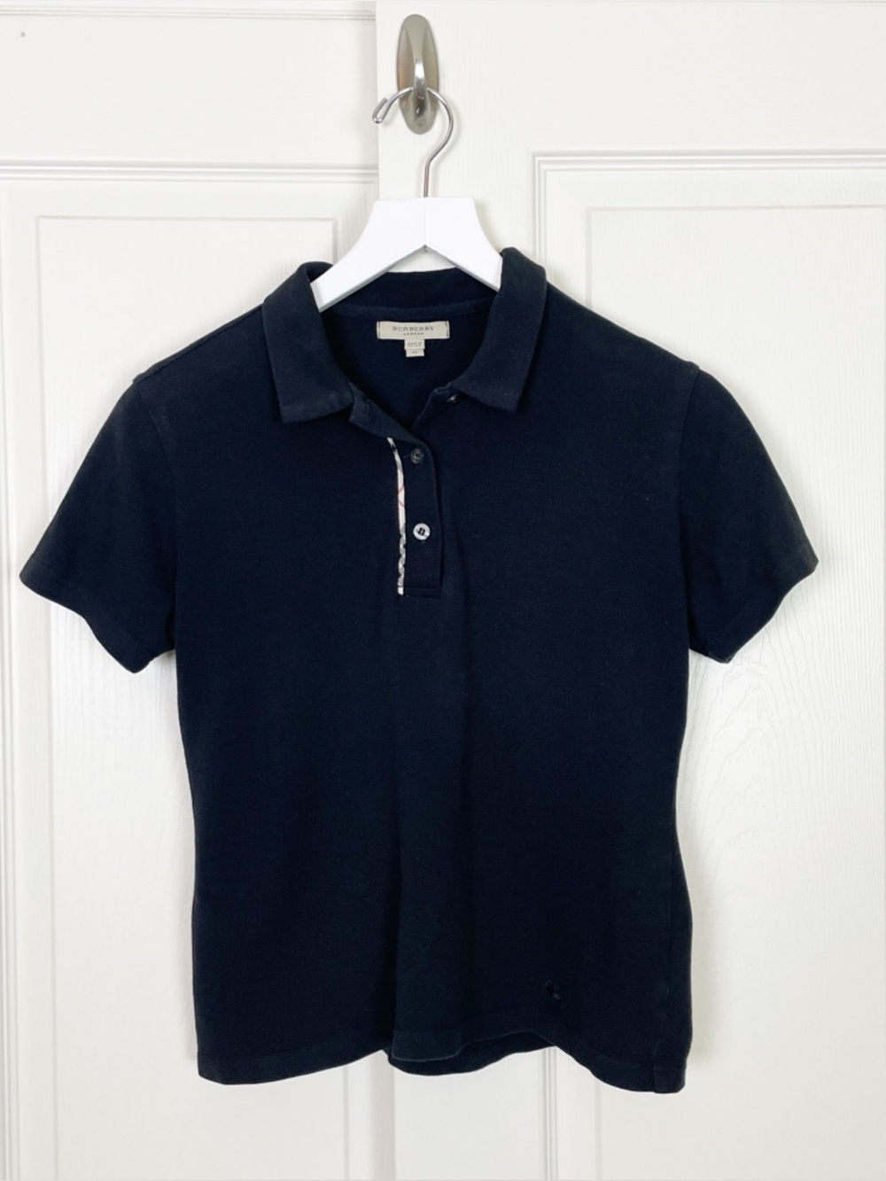 Burberry London Black Pique Knit Cropped Polo Shirt Plaid Trim Sz M